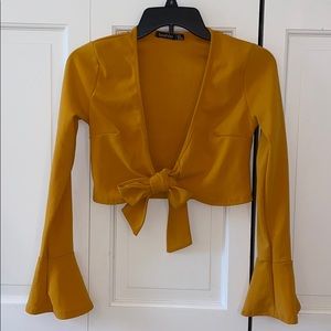 Yellow Cropped Tie Front Top